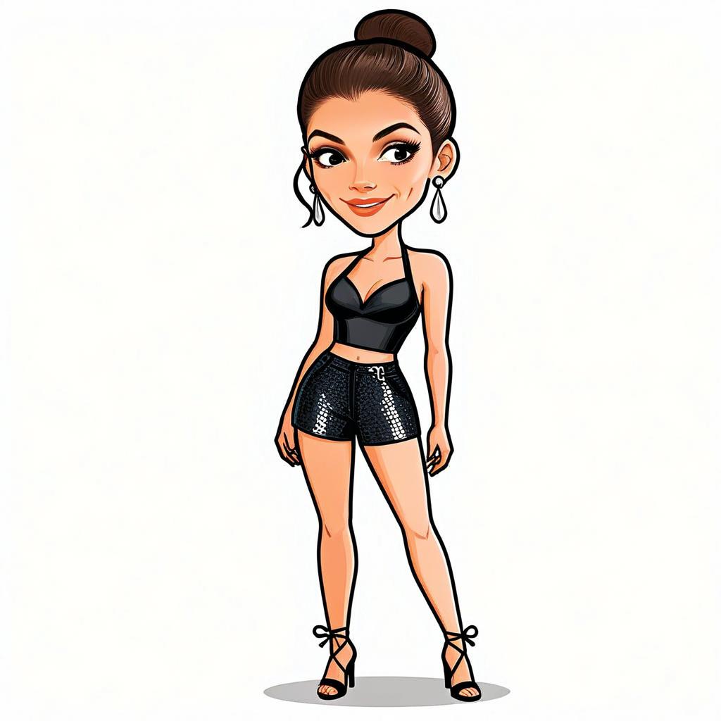 Stylish Cartoon Woman in Black Crop Top and Shiny Shorts Illustration