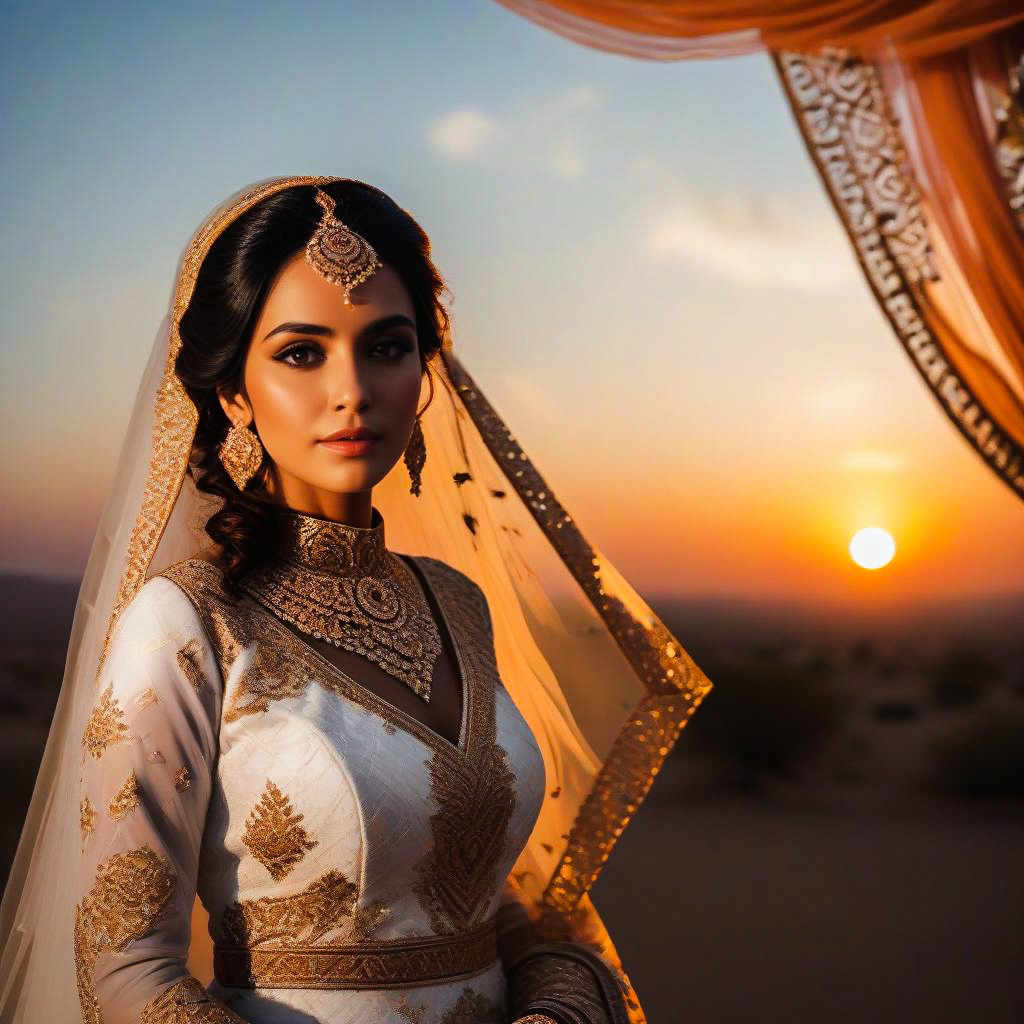 Elegant Woman in Traditional Outfit at Sunset