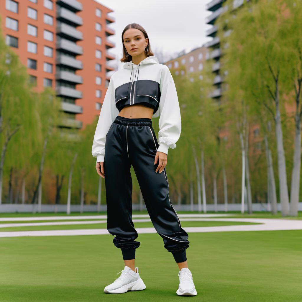 Confident Woman in Black and White Athleisure Outfit