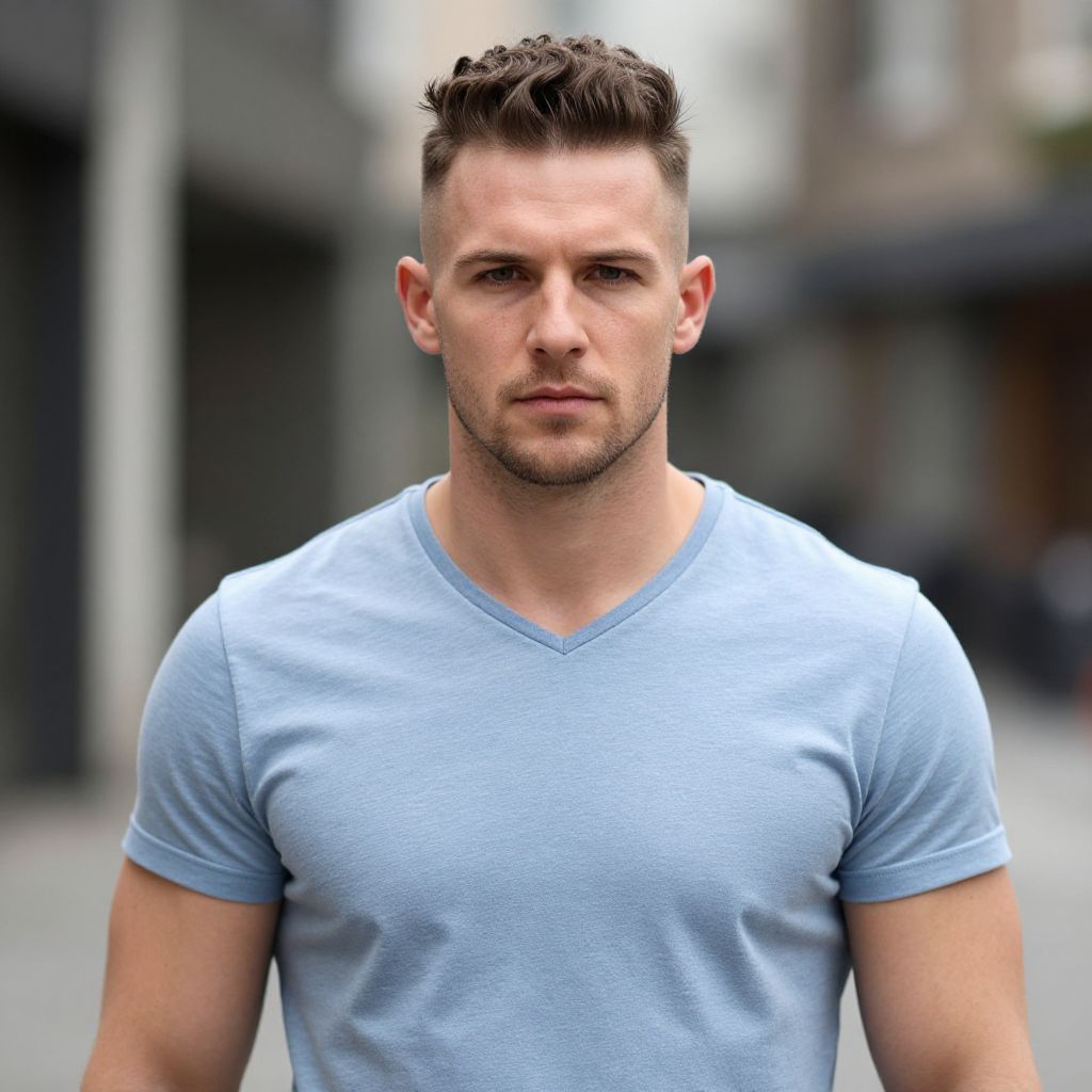 Portrait of Confident Young Man in Light Blue V-Neck T-Shirt Outdoors
