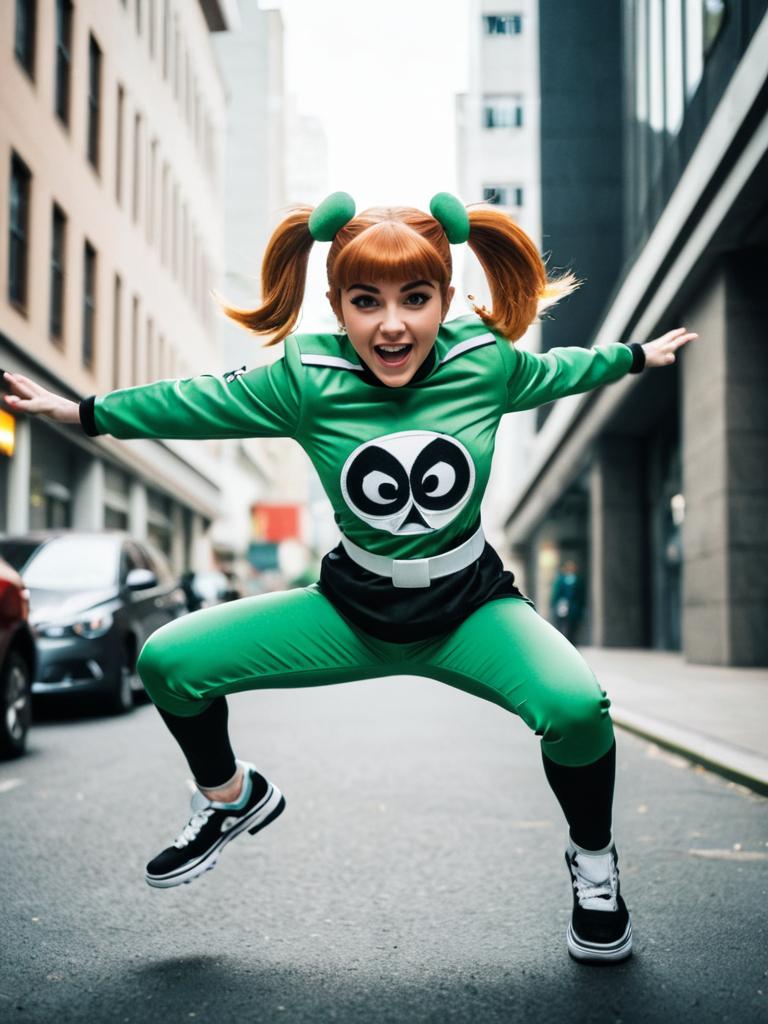 Woman in Green Costume Jumping in Urban Setting