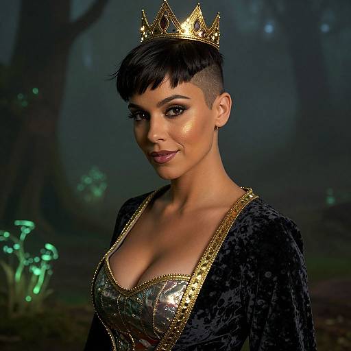 Confident Woman in Golden Crown and Black Velvet Royal Gown