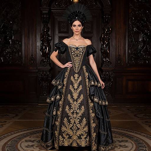 Elegant Woman in Black and Gold Embroidered Renaissance-Style Gown