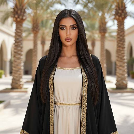 Elegant Woman in Traditional Black Abaya with Gold Embroidery in Palm-Lined Courtyard