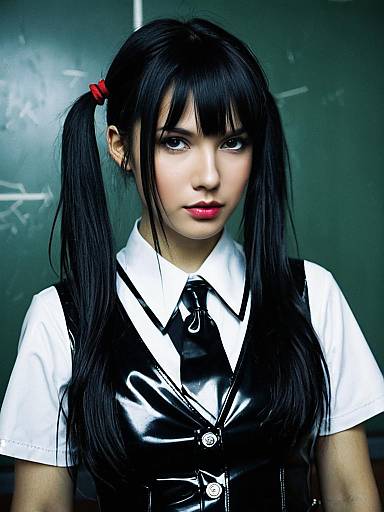 Edgy Photorealistic Woman in Latex Schoolgirl Cosplay Costume Portrait