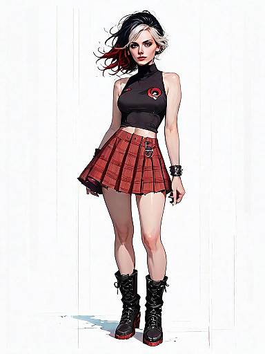 Punk Inspired Woman in Red Plaid Skirt and Combat Boots Full Body Illustration