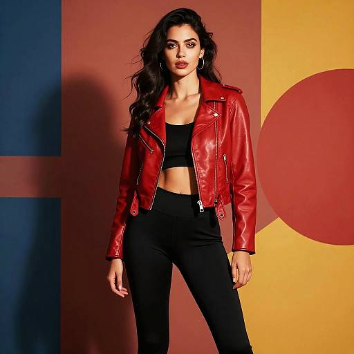 Gen Z Fashion Style Woman in Red Leather Jacket and Black Outfit