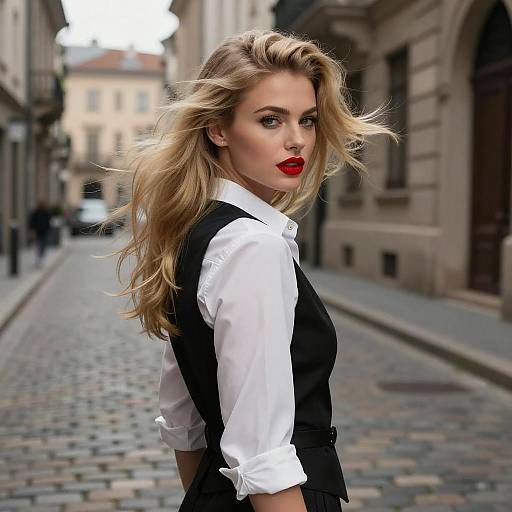 Confident Young Woman in Black Vest and White Shirt on Cobblestone Street