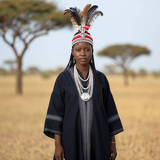 African Woman in Traditional Attire with Feathered Headdress in Savanna Landscape