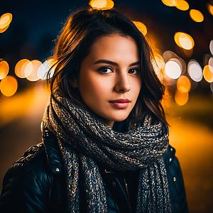 Young Woman in Knitted Scarf with City Lights