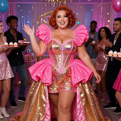 Joyful Woman in Pink Gold Sequined Dress Celebrating Party with Friends