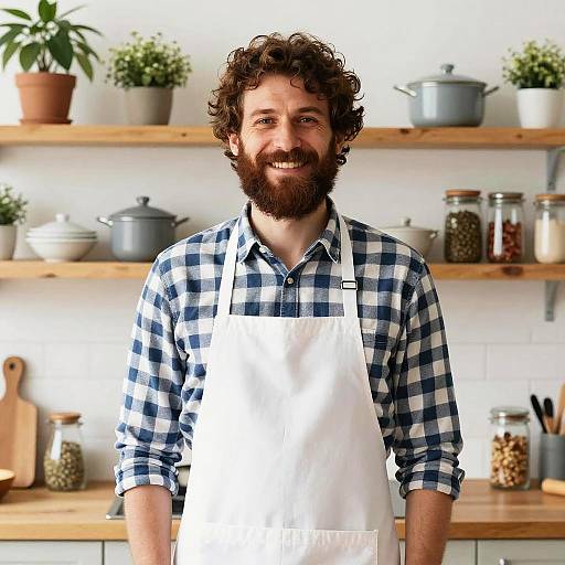 Smiling Man in Apron in Cozy Modern Kitchen