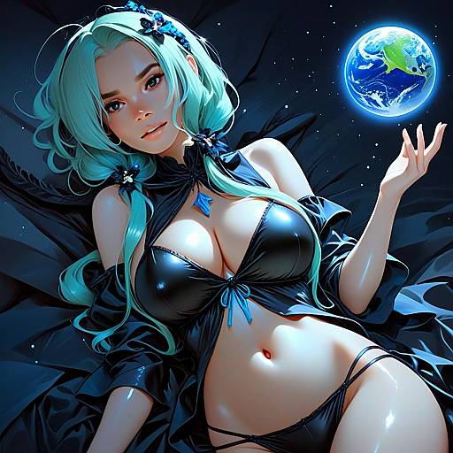Anime Earth-chan Illustration in Glossy Black Lingerie Holding Glowing Earth