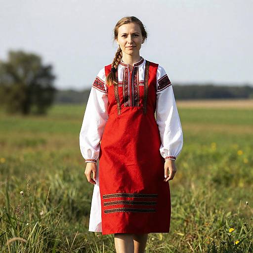 Woman in Traditional Slavic Dress with Red Embroidered Apron and White Blouse
