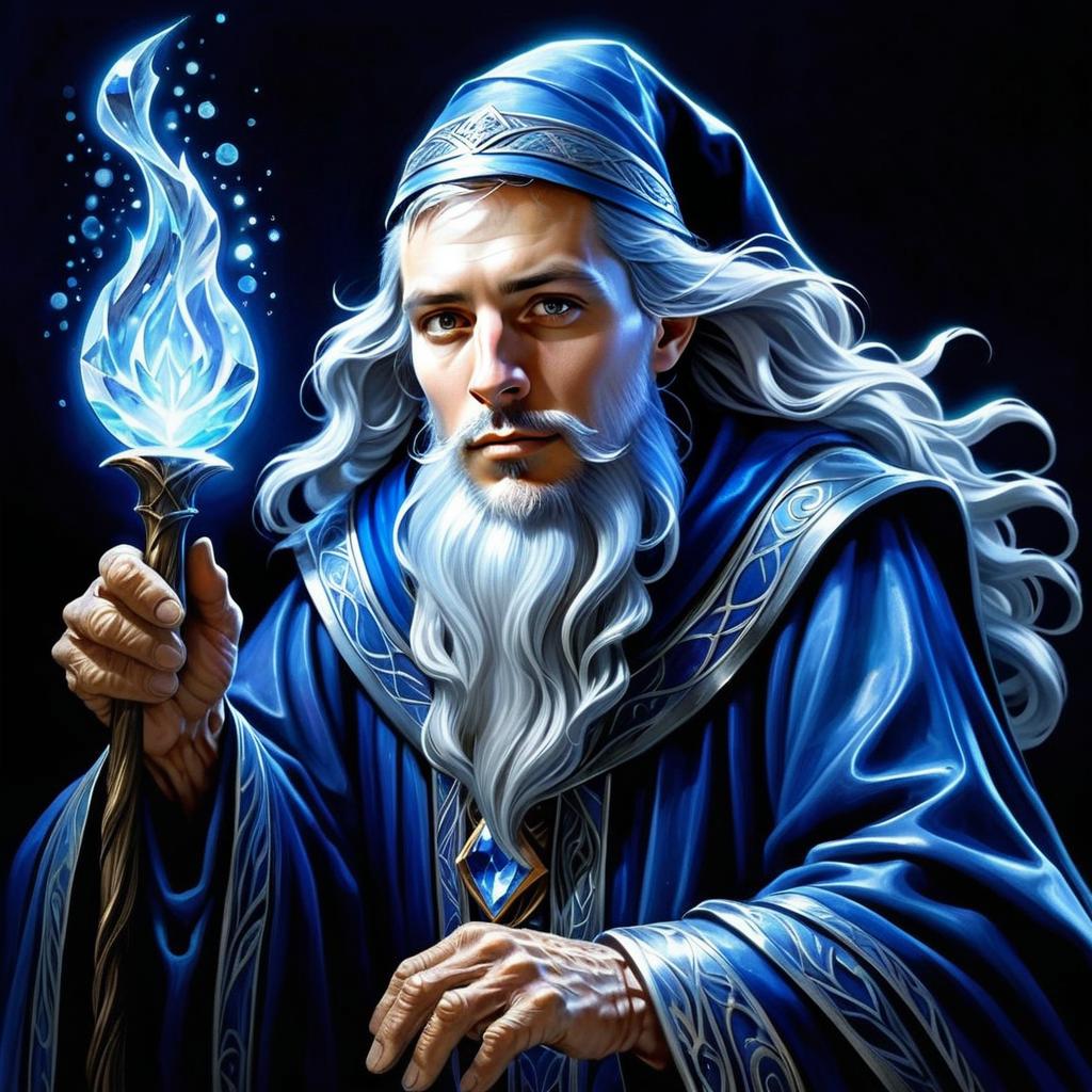 Elderly Man with White Hair in Blue Robe Holding Ethereal Flame