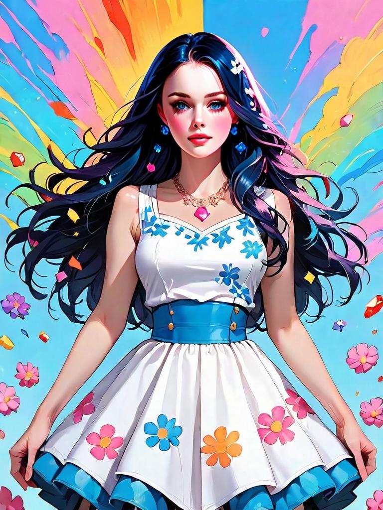 Colorful Woman in Floral Dress Full Body Comic Realistic Digital Illustration