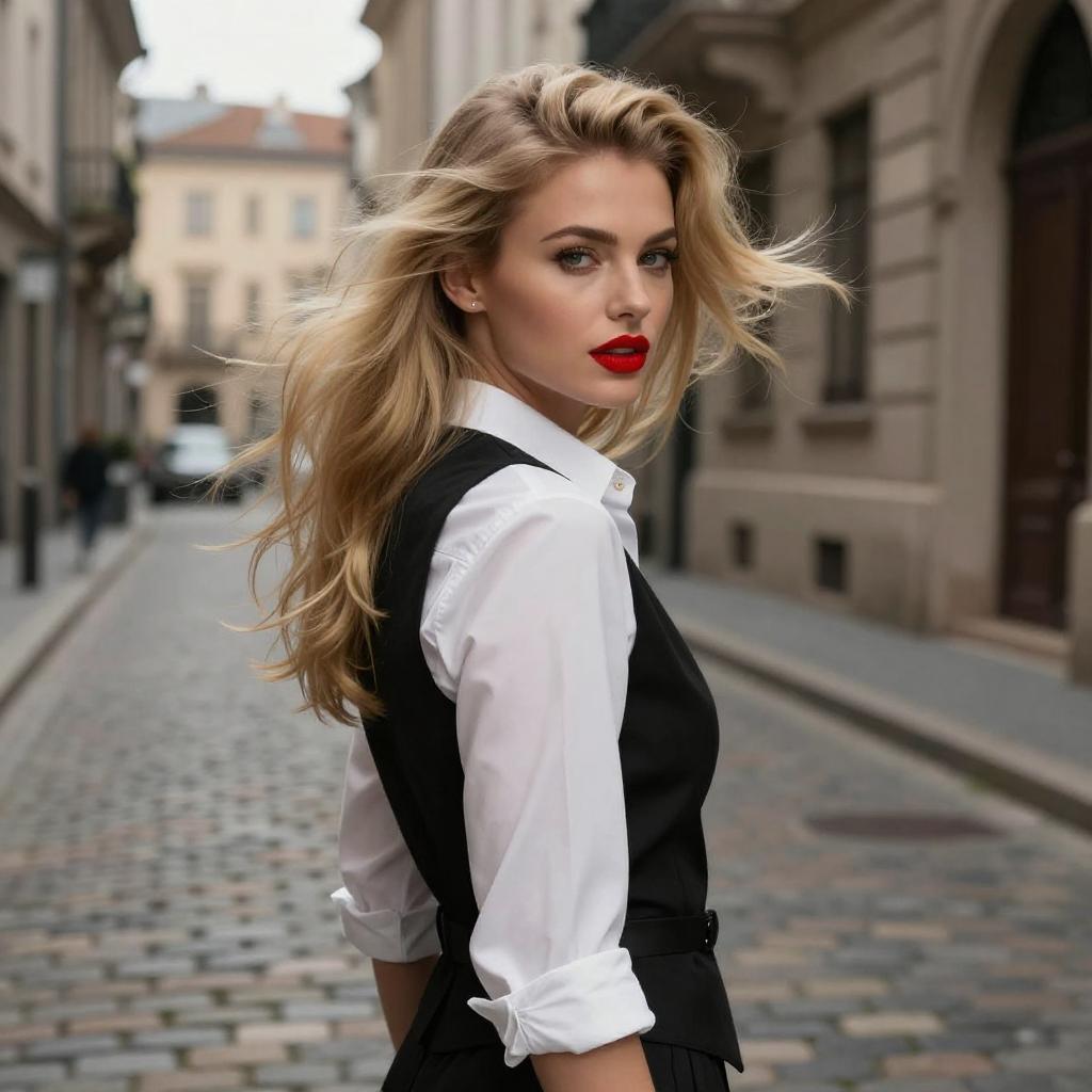 Confident Young Woman in Black Vest and White Shirt on Cobblestone Street