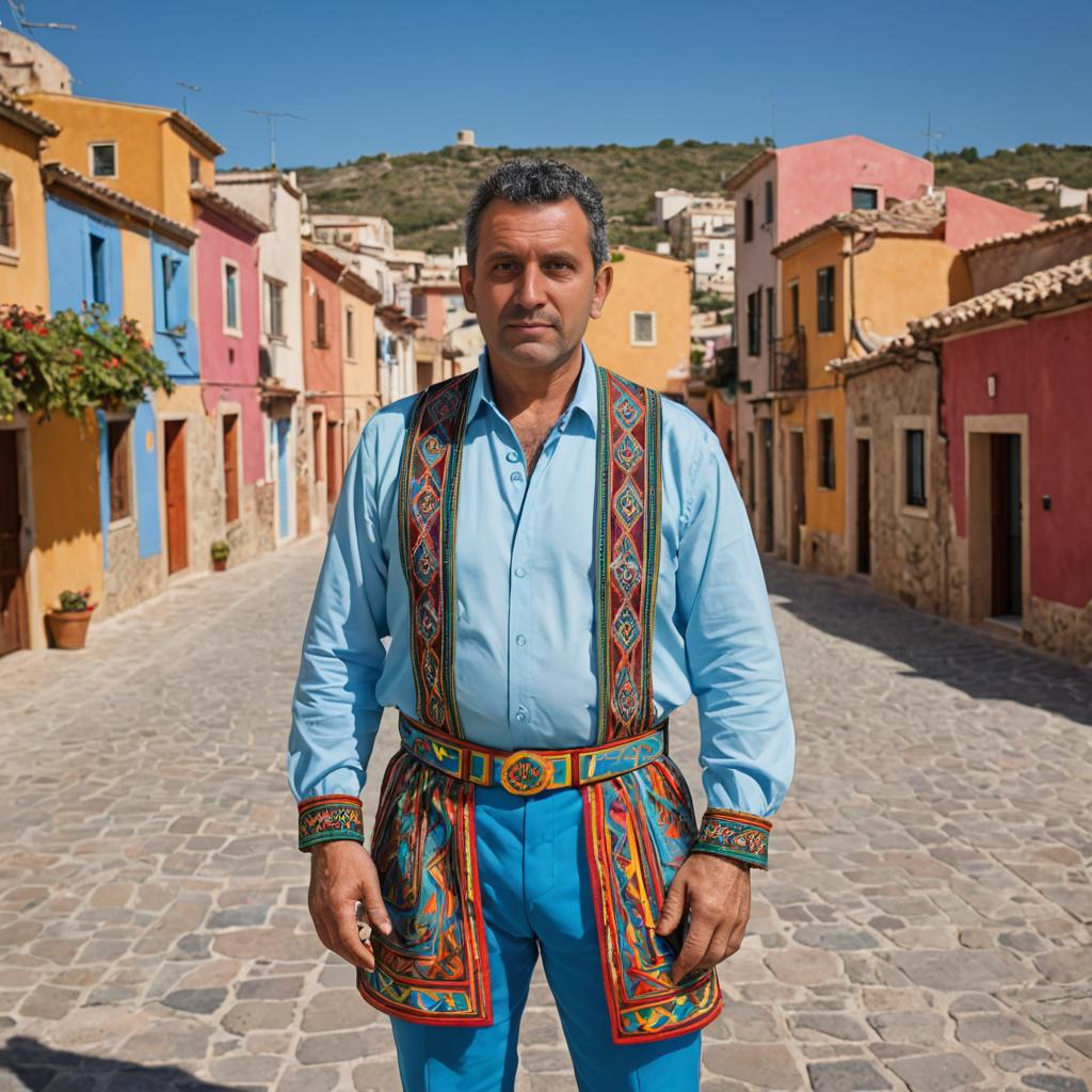 Man in Traditional Outfit on Cobblestone Street