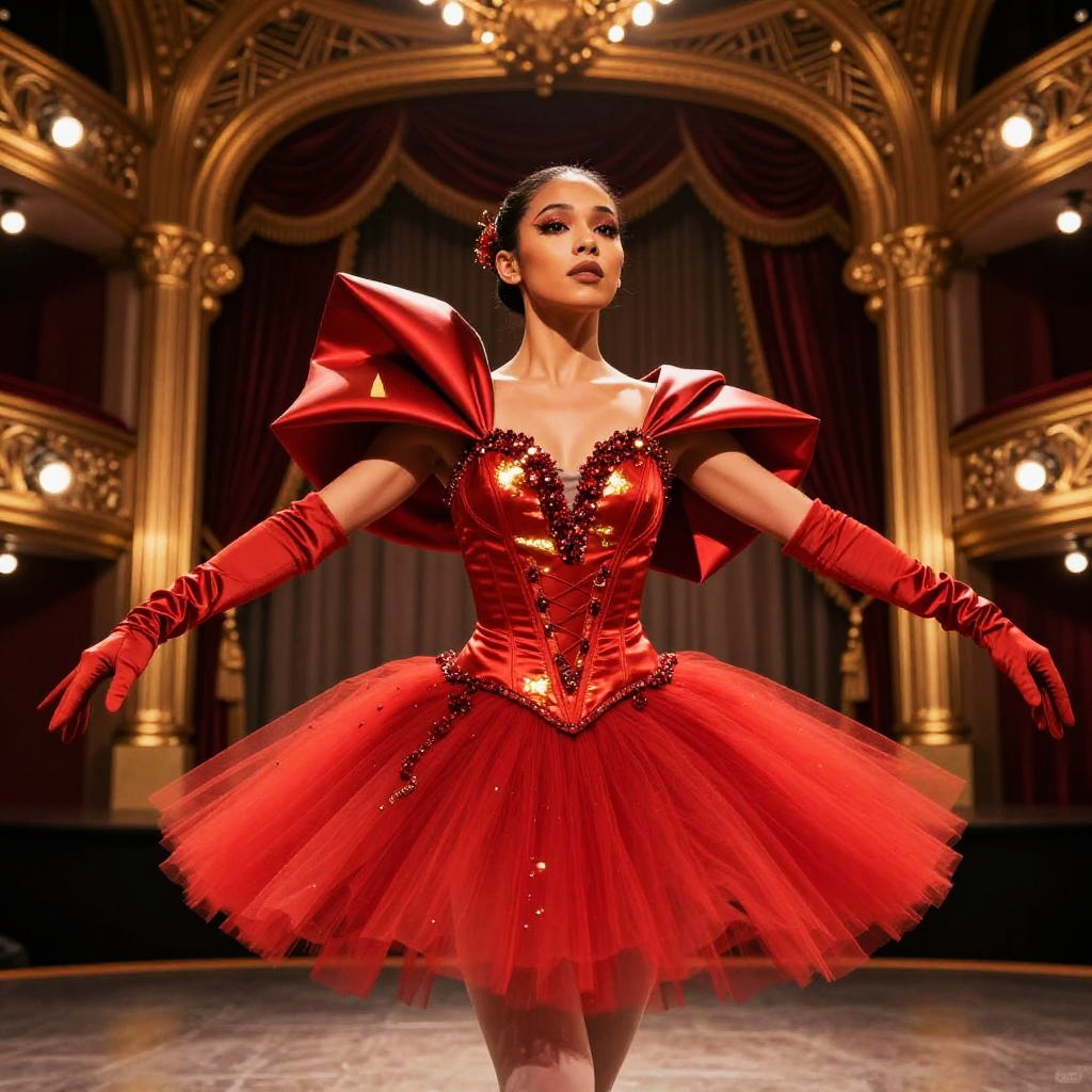 Elegant Woman in Red Ballet Costume on Theater Stage