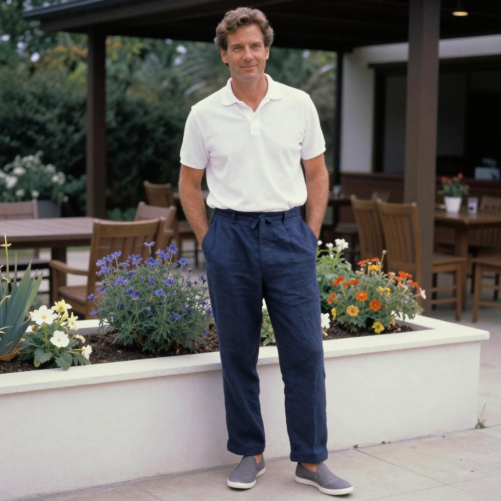 Man Wearing White Polo Shirt and Navy Linen Trousers with Gray Slip-On Shoes Outdoors