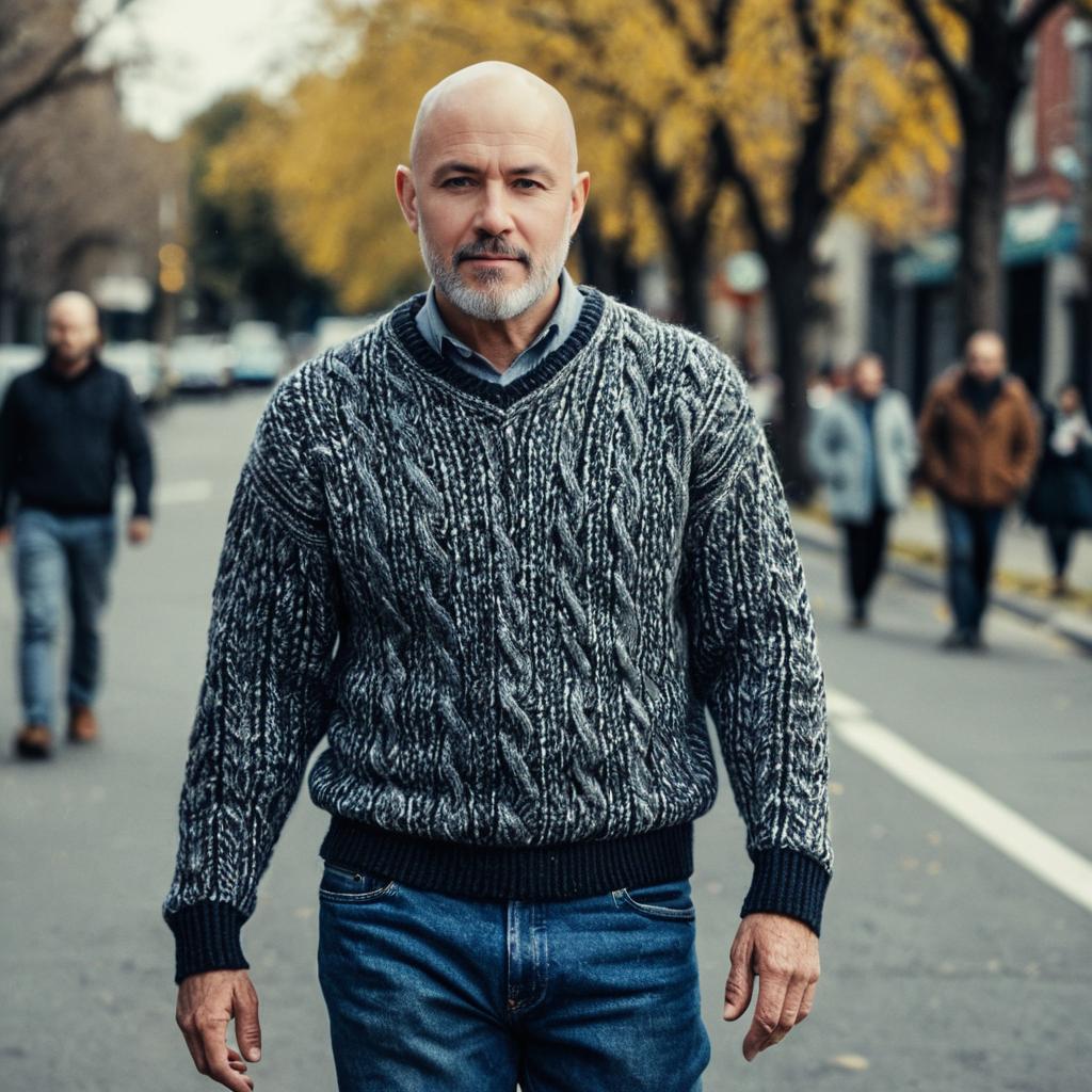 Man in Black and Grey Cable Knit Sweater Walking Outdoors in Urban Fall Setting Man in Black and Grey Cable Knit Sweater Walking Outdoors in Urban Fall Setting