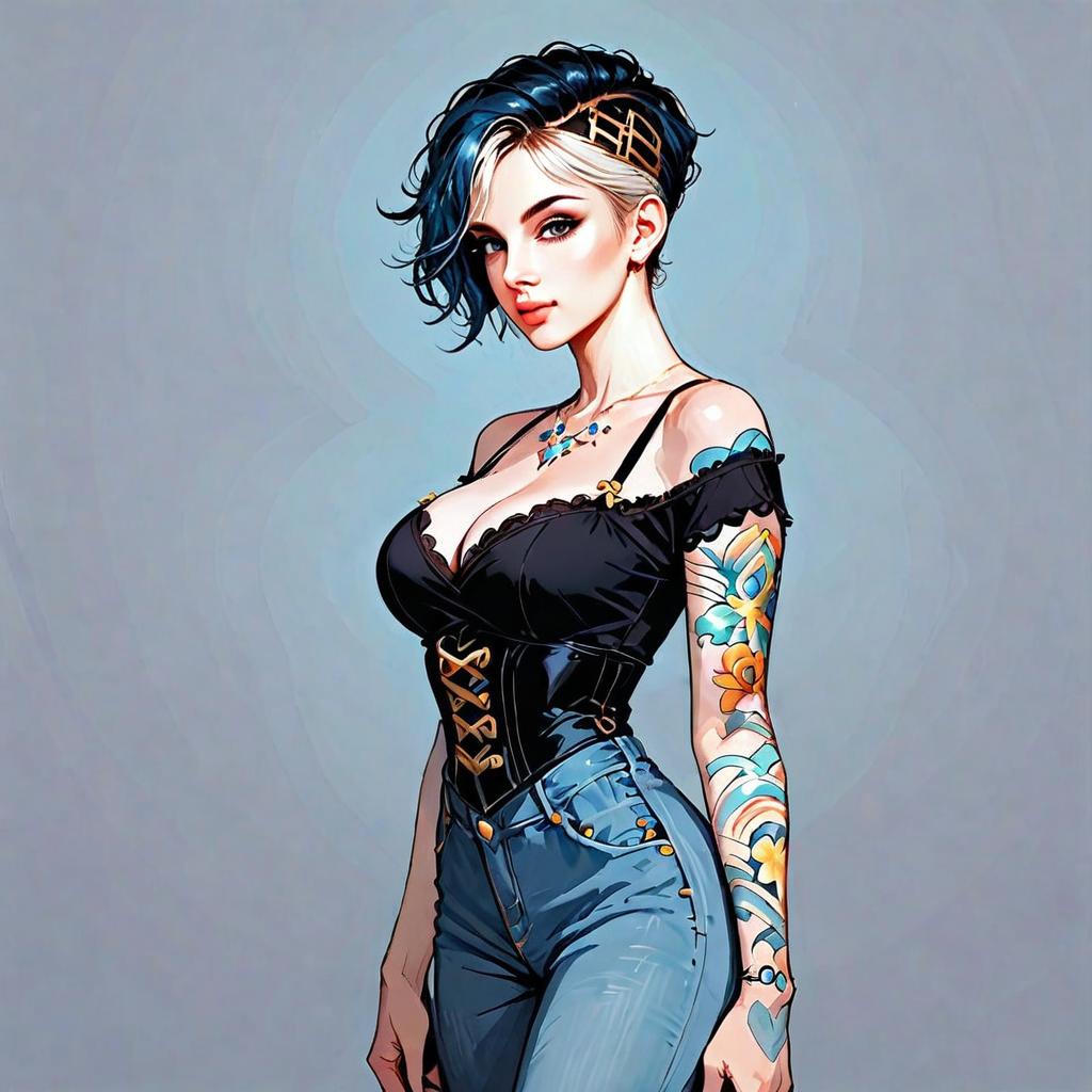 Confident Woman with Colorful Tattoo Sleeve in Modern Fashion Artwork