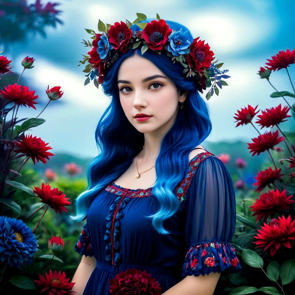 Woman with Blue Hair and Floral Crown in Garden