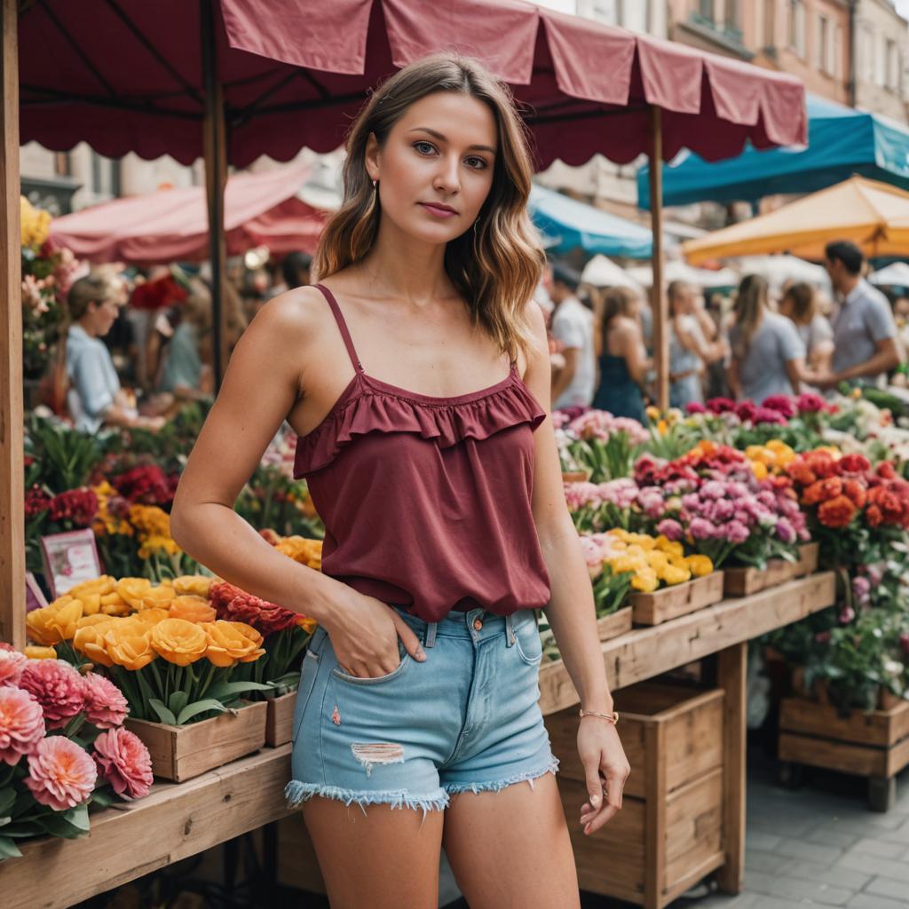 Confident Woman at Vibrant Flower Market