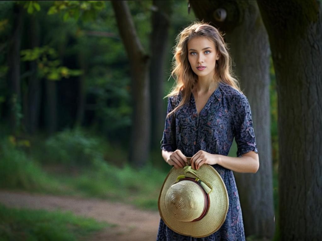 Young Woman in Floral Dress in Serene Forest