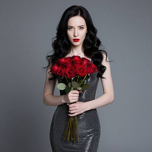Elegant Woman in Silver Dress Holding Red Roses Bouquet
