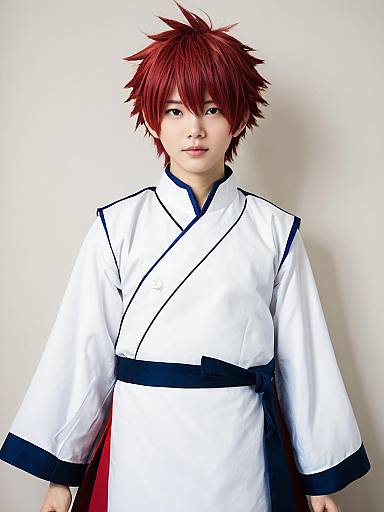 Realistic Shirou Emiya Cosplay Costume Man in White Robe with Red Wig