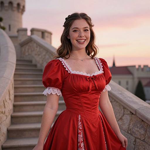 Young Woman in Red Vintage Dress on Castle Stairs at Sunset