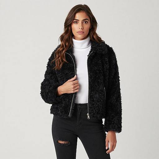 Woman Wearing Black Fuzzy Jacket and Ripped Black Jeans Casual Winter Fashion