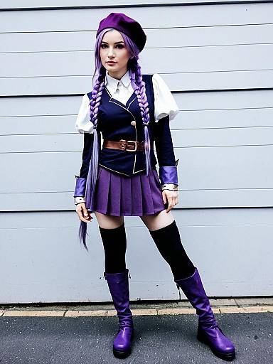 Woman in Purple Anime-Style Cosplay Outfit with Braided Hair