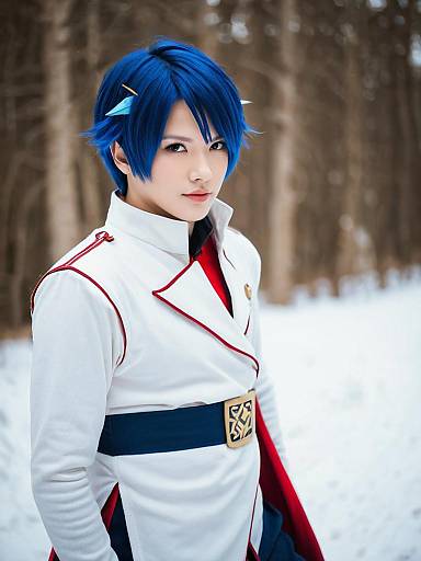 Fire Emblem Cosplay Portrait of Blue-Haired Man in Snowy Forest