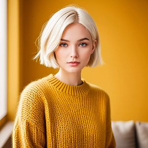Young Woman in Mustard Sweater with Platinum Blonde Hair