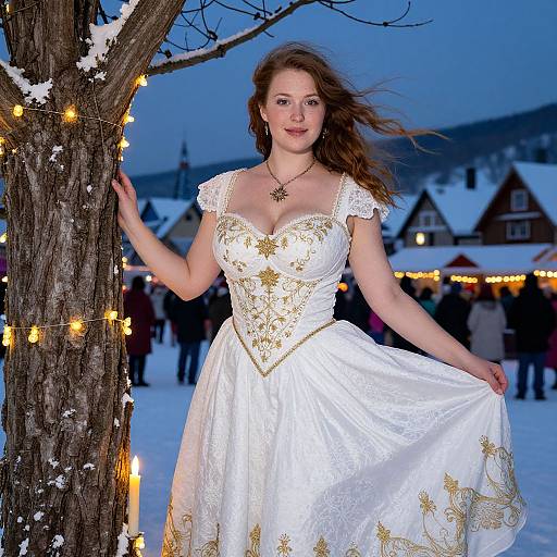 Woman in Elegant White and Gold Embroidered Gown in Snowy Village Evening