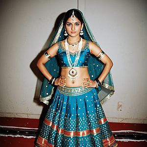 Woman in Traditional Blue Garba Dance Costume with Jewelry