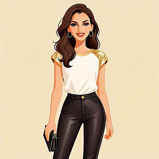 Chic Woman with Pretty Hair Wearing White Top and Black Pants Illustration