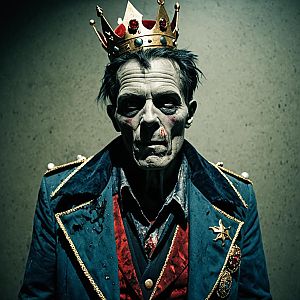 Gritty Portrait of Worn King in Dark Regal Costume with Crown