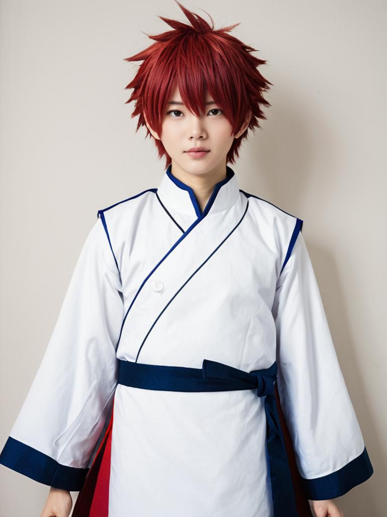 Realistic Shirou Emiya Cosplay Costume Man in White Robe with Red Wig