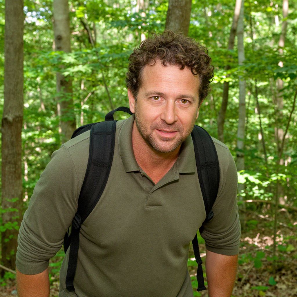 Man Hiking in Green Forest Wearing Backpack