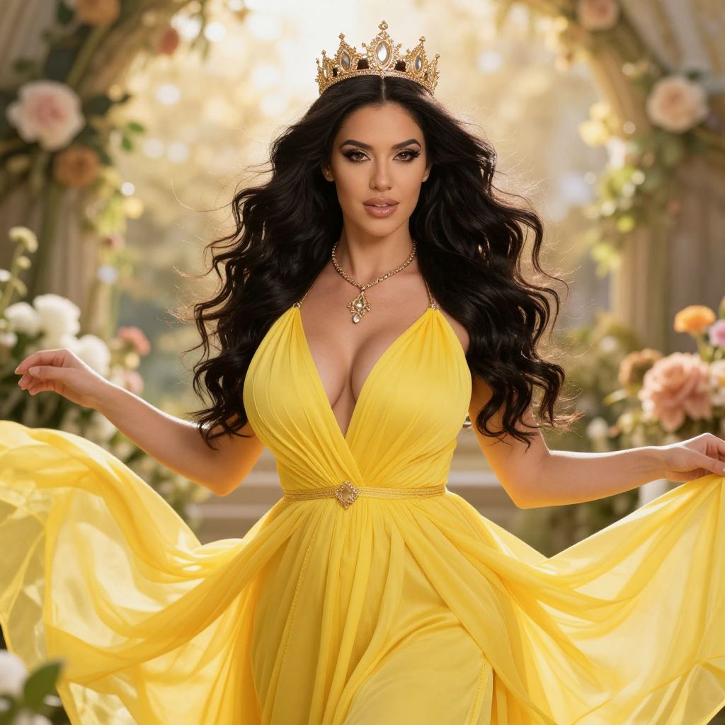 Elegant Woman in Yellow Gown and Gold Crown in Garden Setting