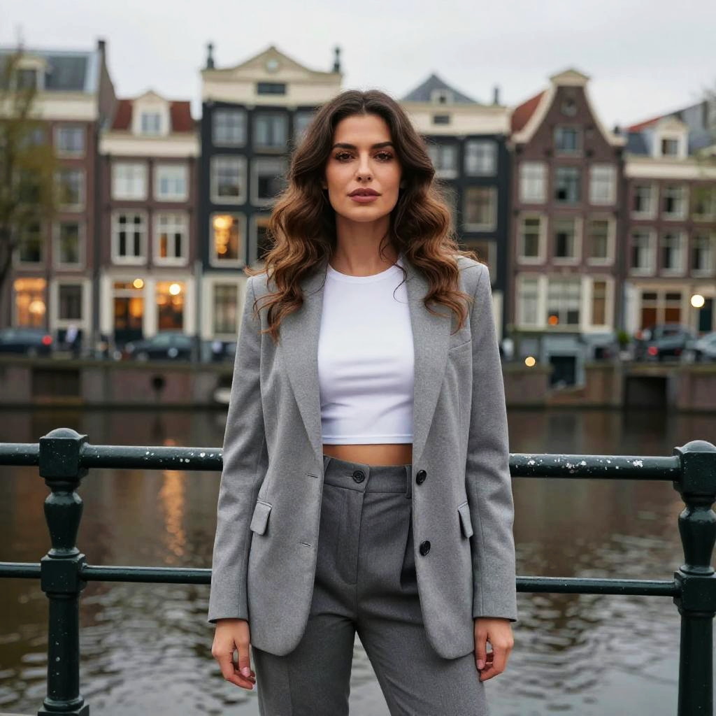 Gen Z Woman in Stylish Grey Suit by Canal with European Houses