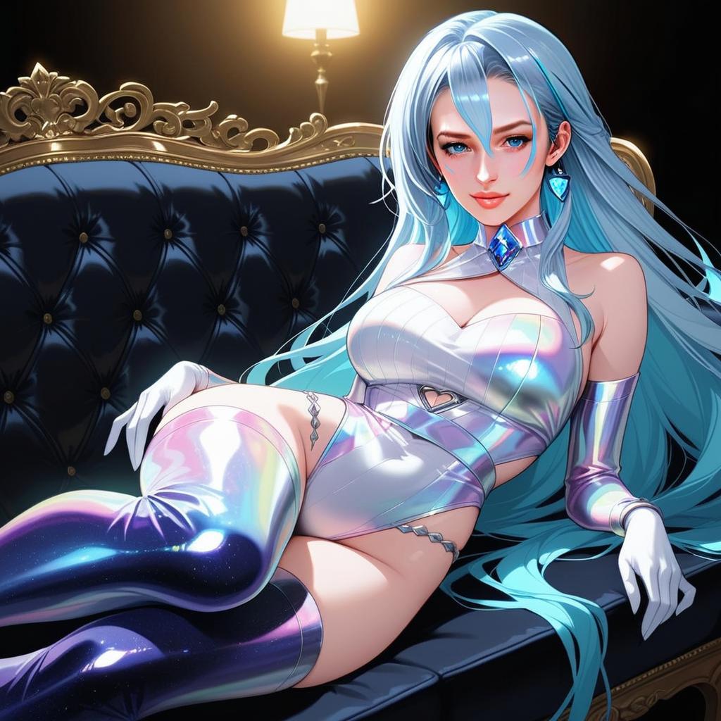 Futuristic Anime Woman in Iridescent Outfit on Ornate Sofa