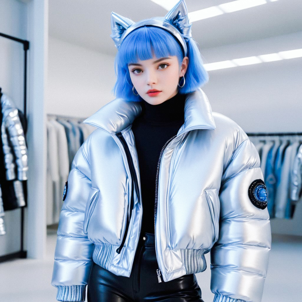 Futuristic Woman with Blue Hair and Metallic Jacket