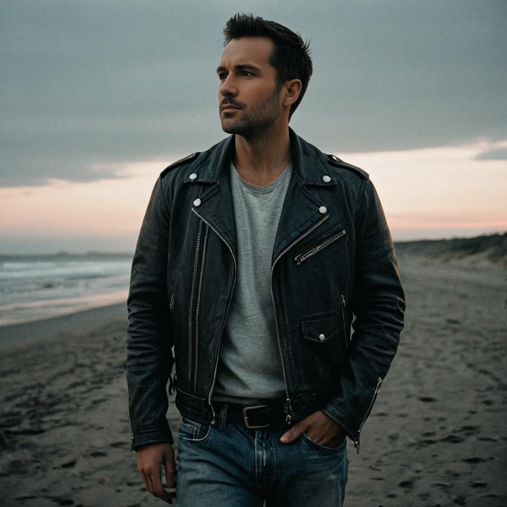 Stylish Man in Black Leather Jacket on Beach at Dusk