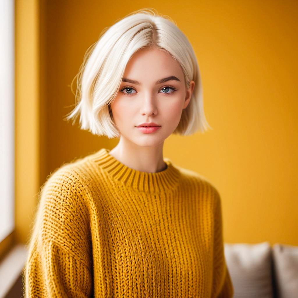 Young Woman in Mustard Sweater with Platinum Blonde Hair