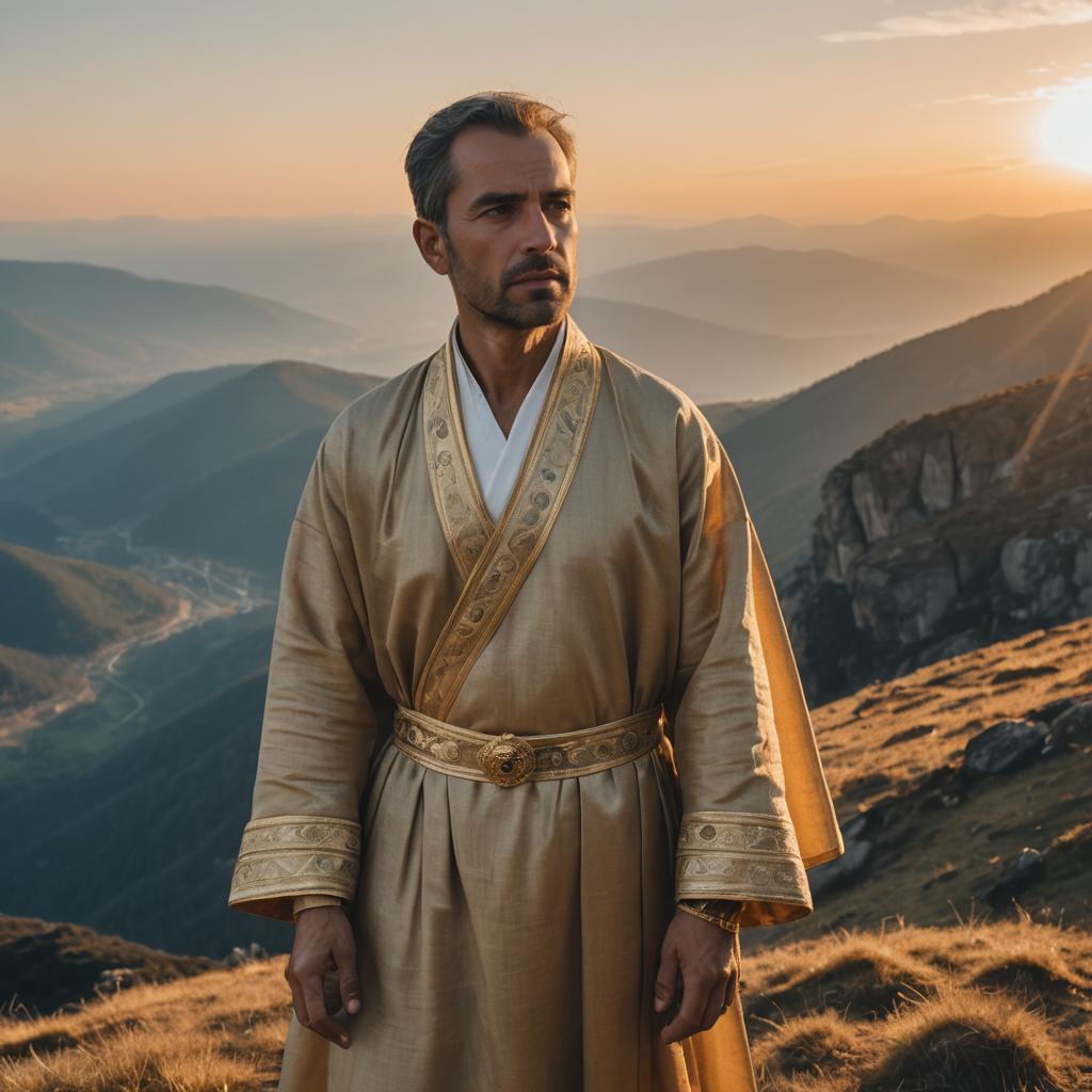 Man Wearing Golden Traditional Robe on Mountain Landscape at Sunset