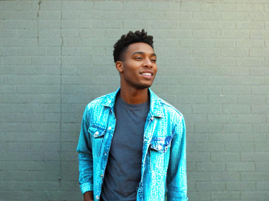 Young Man in Blue Denim Jacket Against Brick Wall